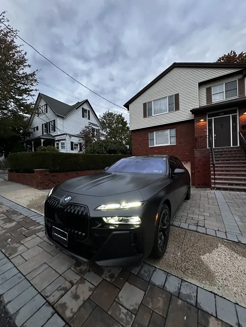 Matte black BMW 7 Series, freshly detailed